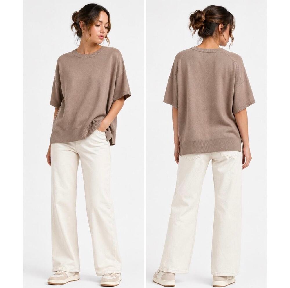 Splendid XL Taupe Short Sleeve Sweater Knit Top Oversized Pullover